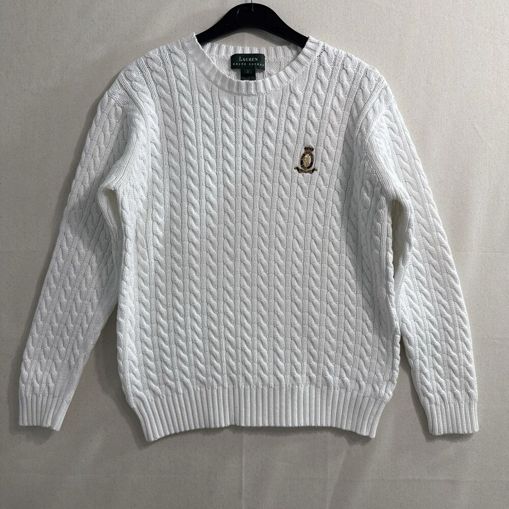 LAUREN Ralph Lauren White Cotton Cable Knit Sweater with Crest Size Small *Read